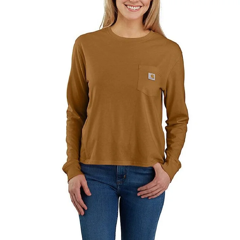 casual tops for women’s everyday wardrobe -Carhartt Women's Tencel Loose Fit Lightweight Crewneck Pocket Long Sleeve T-Shirt