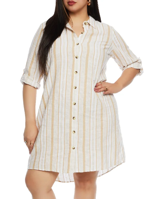 cozy coats for women’s winter style -Plus Size Linen Striped Shirt Dress