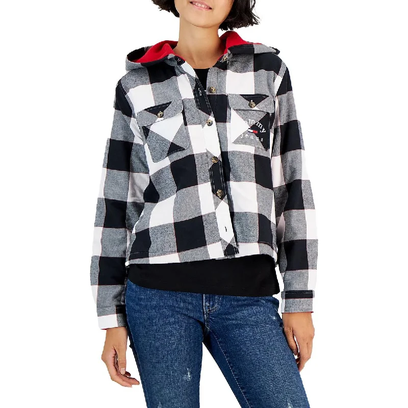 stylish women’s coats for rainy weather -Tommy Jeans Womens Plaid Hooded Shirt Jacket