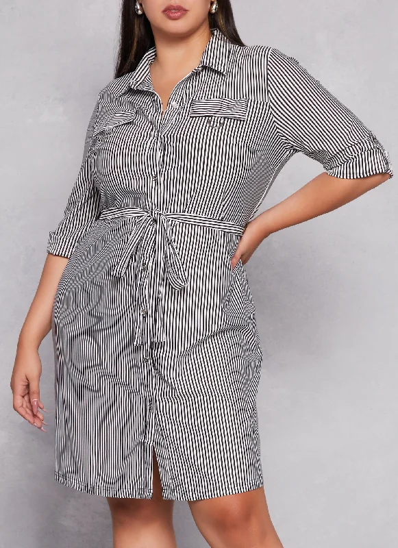 stylish tunics for women’s casual looks -Plus Size Striped Button Front Belted Shirt Dress