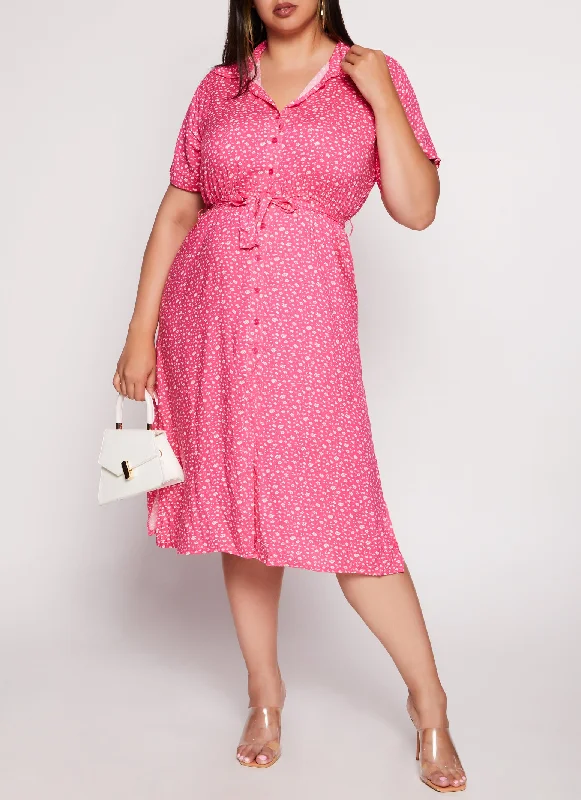 elegant women’s dresses for business dinners -Plus Size Floral Print Shirt Dress