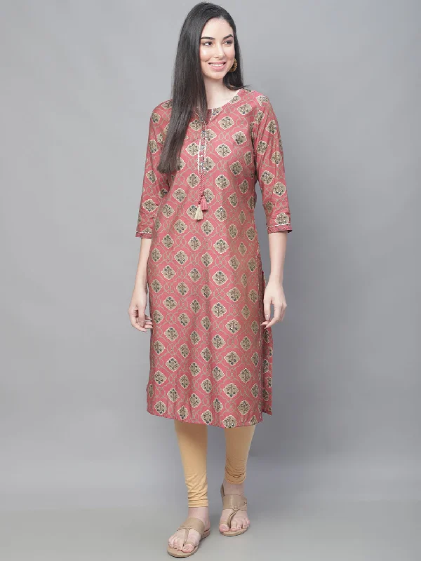 cozy women’s sweaters for chilly days -Women's Casual Round neck Pinkmix All over Printed Knee length Kurti