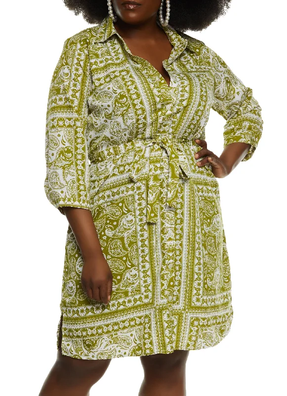 trendy women’s tunics for casual style -Plus Size Paisley Print Belted Shirt Dress