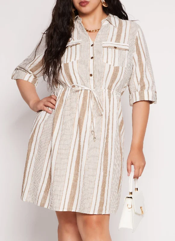 stylish jumpsuits for women’s evening parties -Plus Size Lurex Striped Linen Shirt Dress