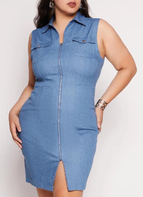 casual dresses for women’s daily wear -Plus Size Zip Front Denim Shirt Dress