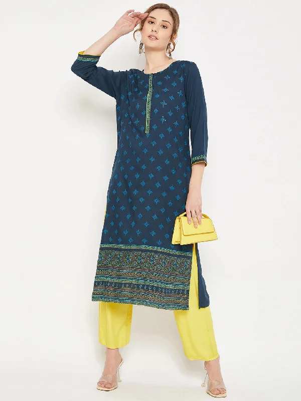 women’s trendy shirts for work or play -Women's Casual Round Neck Blue All Over Printed with border Calf Length Kurti