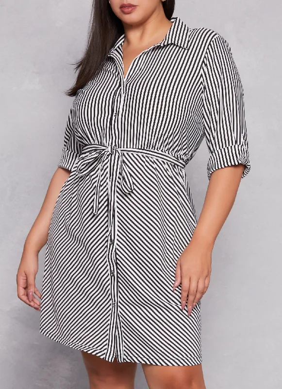 women’s trendy tops for active days -Plus Size Striped Button Front Tabbed Sleeve Shirt Dress