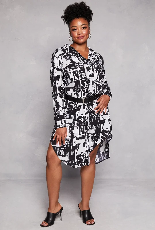 comfortable women’s pants for travel -Plus Size Abstract Printed Button Front Shirt Dress