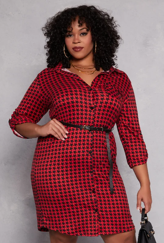 versatile sweaters for women’s casual style -Plus Size Houndstooth Belted Shirt Dress