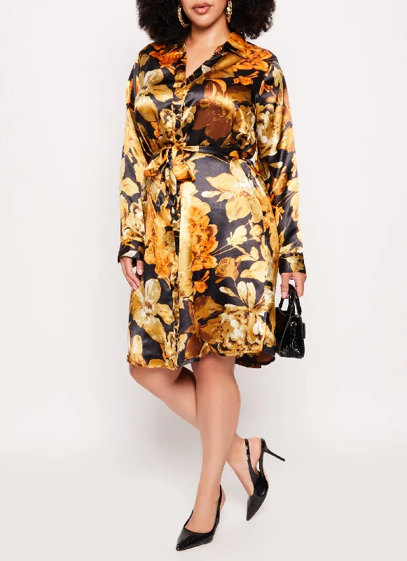 women’s stylish jackets for every occasion -Plus Size Satin Floral Print Shirt Dress