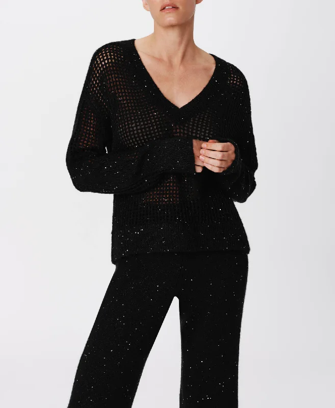 trendy women’s shirts for business attire -Sequin Wool Blend Net Stitch Sweater - Black