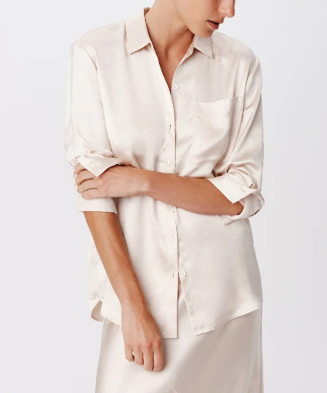 chic women’s dresses for cocktail parties -Cracked Satin Boyfriend Shirt - Vanilla Mist