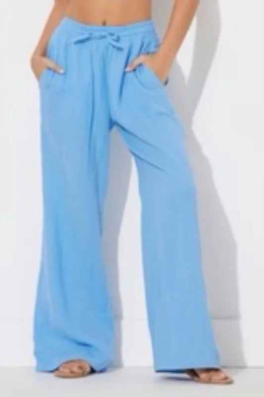 comfortable women’s pants for travel -Gauze Wide Leg Pant In Blue