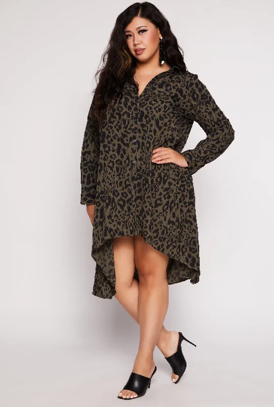 stylish women’s blouses for 2025 fashion -Plus Size Animal Print Button Front Shirt Dress