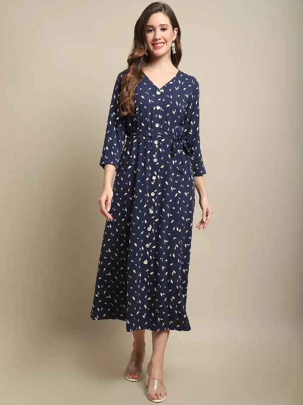 elegant women’s evening wear for special events -Women's Casual V neck Navy Ditsy Floral Print Fit & Flared Dress