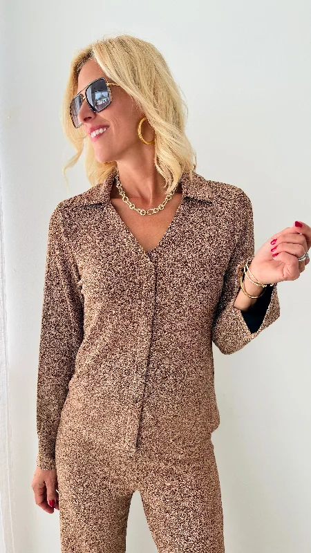 women’s cozy sweaters for chilly fall days -Evening Out Lurex Button Down Top - Rose Gold