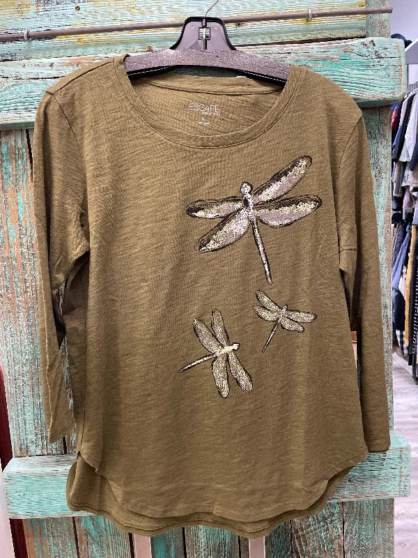 cozy women’s outerwear for winter fashion -3/4 Sleeve Hi-Low Slub Tee Dragonflies in Olive by Escape