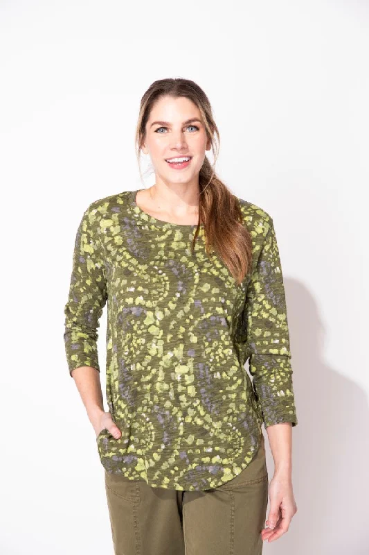 women’s trendy shirts for work or play -3/4 Sleeve Hi-Low Slub Tee Kaleidescope in Olive by Escape