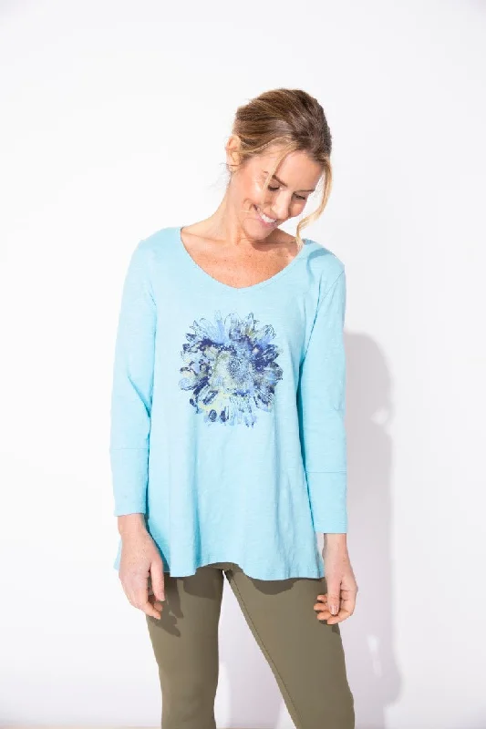 women’s stylish jackets for every occasion -V-Neck Tunic 3/4 Sleeve Slub Tee Stamp Flower in Sky by Escape