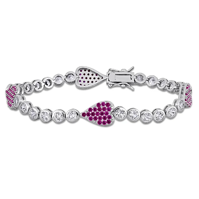 chic silver bangles for women’s casual fashion -Miadora 9 1/2ct TGW Created Ruby Created White Sapphire Heart Bracelet Sterling Silver