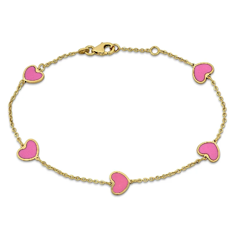 personalized name necklaces for women’s gifts -Miadora Pink Enamel Heart Station Bracelet 14K Yellow Gold