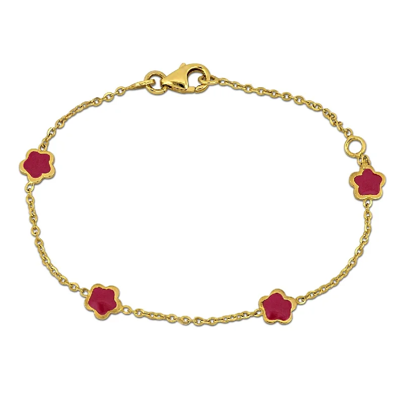 women’s rose gold jewelry for modern styles -Miadora Red Enamel Flower Station Bracelet 14K Yellow Gold