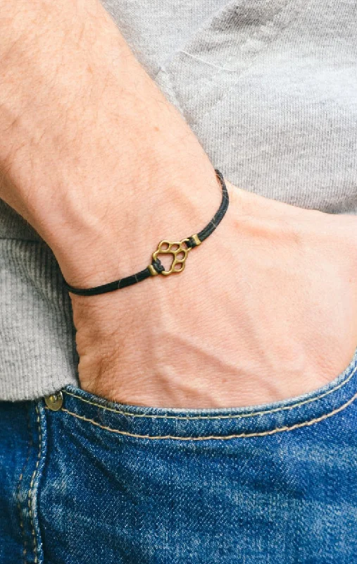 women’s layered necklaces for trendy looks -Bronze paw charm bracelet for men, black cord, gift for him