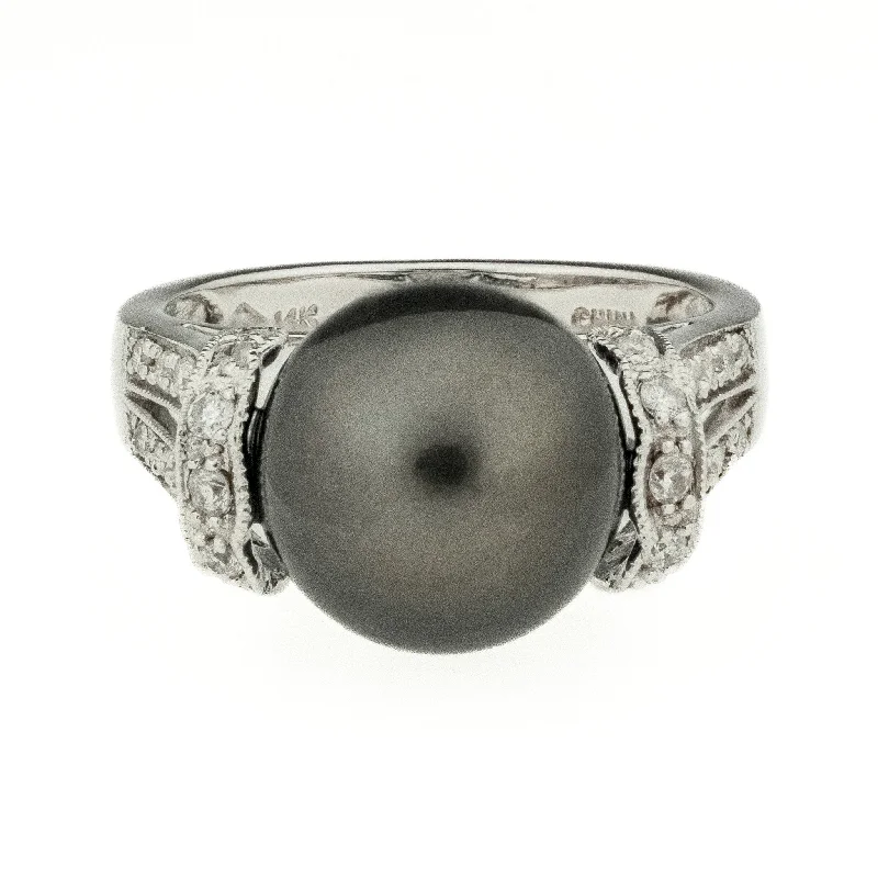 women’s layered necklaces for trendy looks -11.50mm Tahitian Black Pearl and Diamond Accents Ring in 14K White Gold