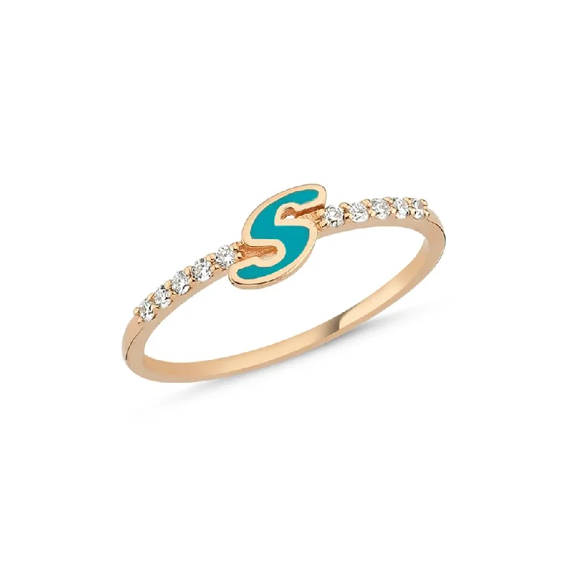 statement rings for women’s evening outfits -LaViano Fashion 14K Rose Gold Diamond and Enamel Initial "S" Ring