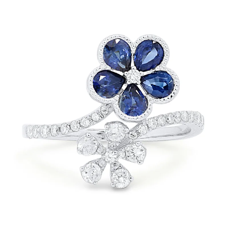 women’s trendy stacked rings for stylish looks -LaViano Fashion 14K White Gold Sapphire and Diamond Flower Ring