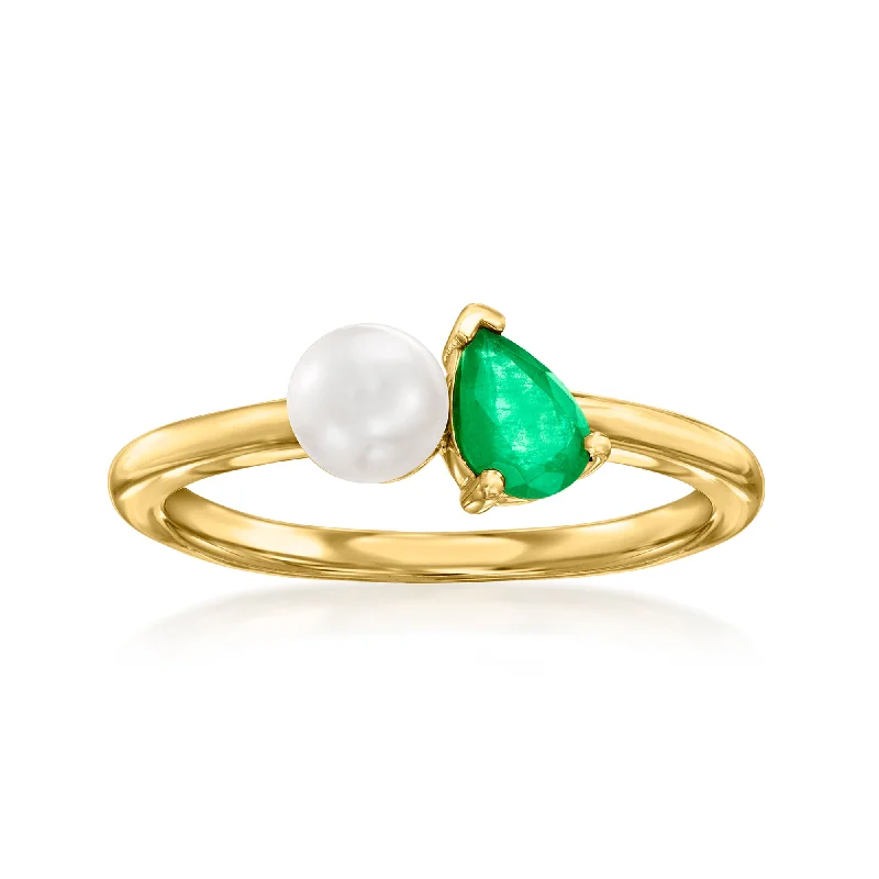 trendy beaded jewelry for women’s casual looks -Ross-Simons 5mm Cultured Pearl and . Emerald Toi Et Moi Ring in 14kt Yellow Gold