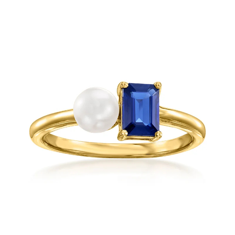 stylish gold bangles for women’s casual looks -Ross-Simons 5mm Cultured Pearl and . Sapphire Toi Et Moi Ring in 14kt Yellow Gold