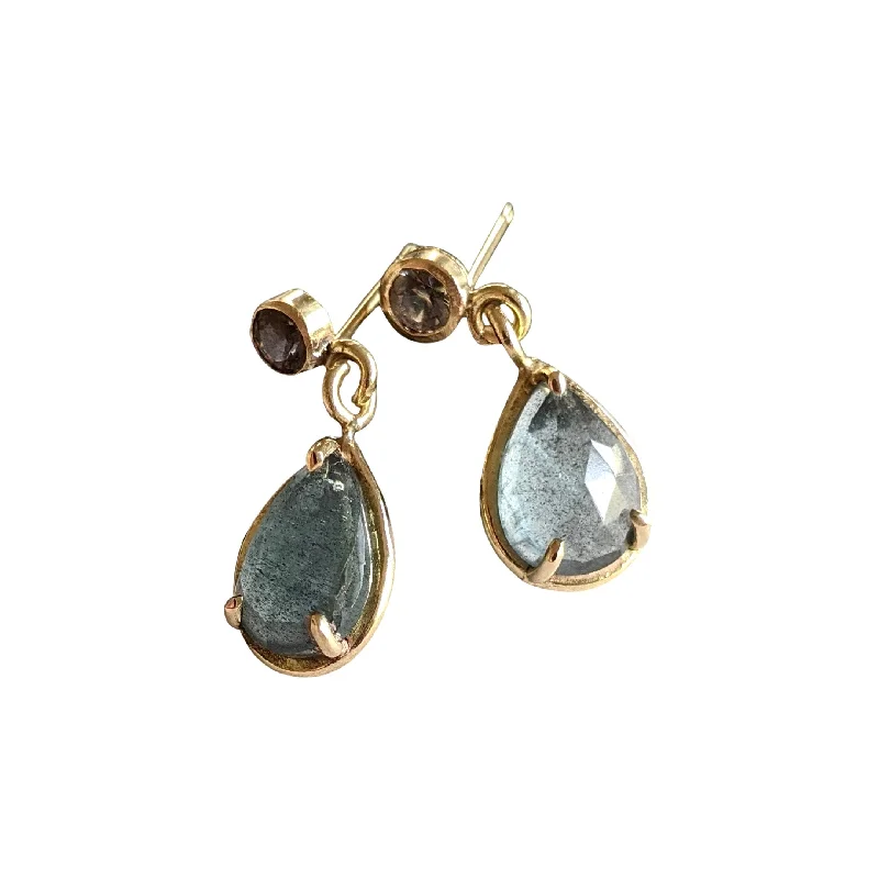 stylish gold earrings for women’s chic style -Moss Aquamarine Pear Shape with Grey Spinel in 18kt Gold Earrings