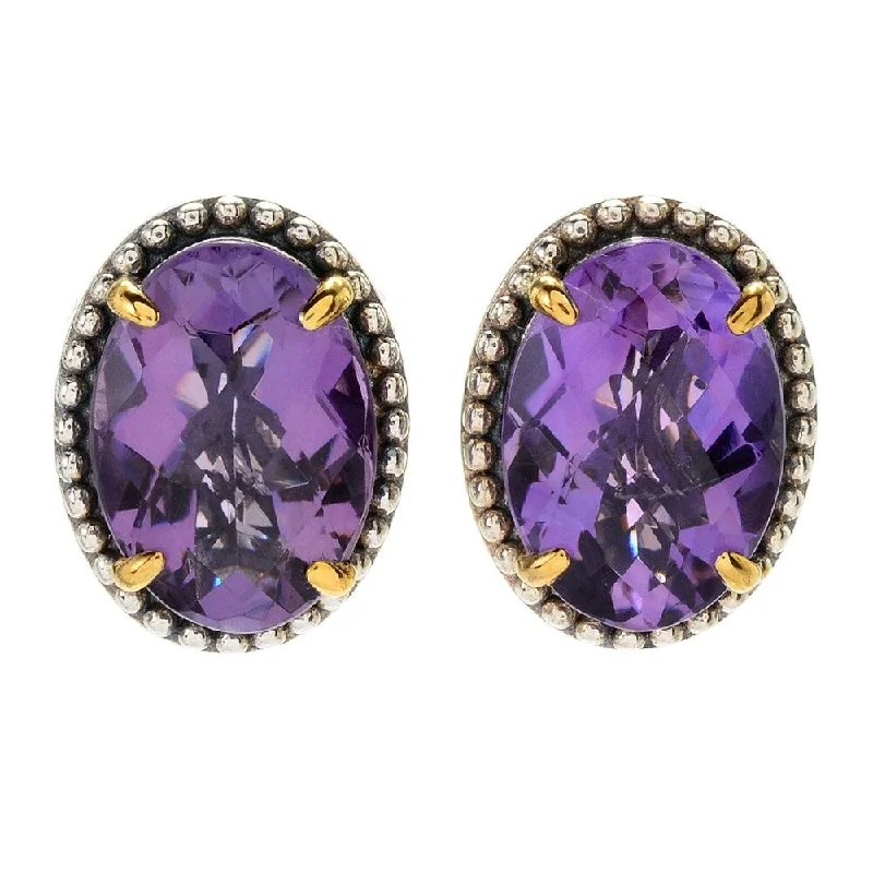 sterling silver rings for everyday wear -oval Amethyst Beaded Halo Stud Earrings w/ Omega Backs