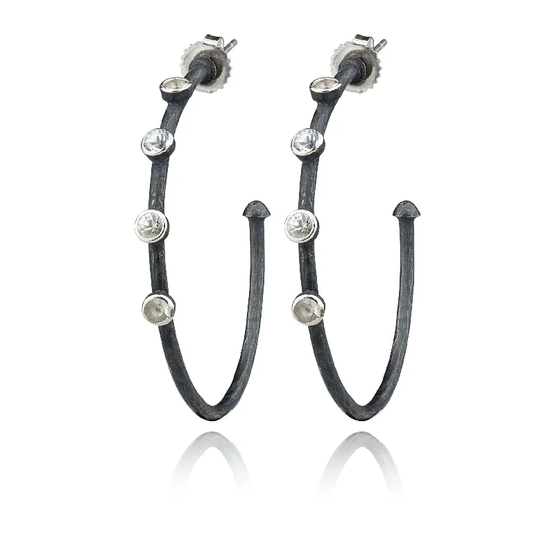 elegant pearl bracelets for women’s special occasions -Medium Oxidized Sterling Silver Hoop Earrings with White Sapphires