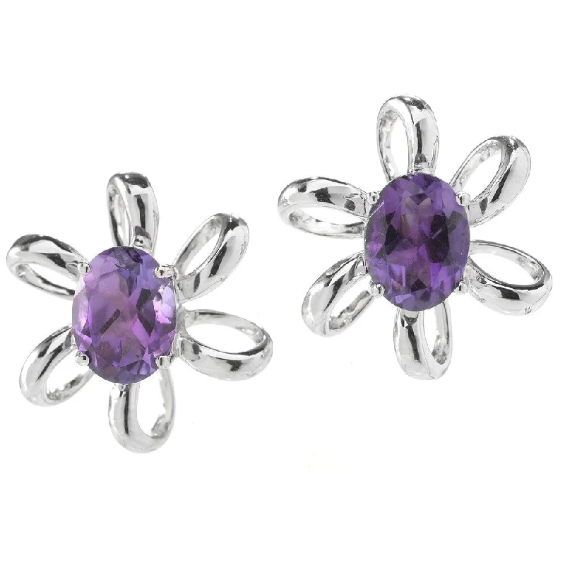 elegant sapphire rings for women’s evening occasions -Sterling Silver Oval Amethyst Flower Stud Earrings