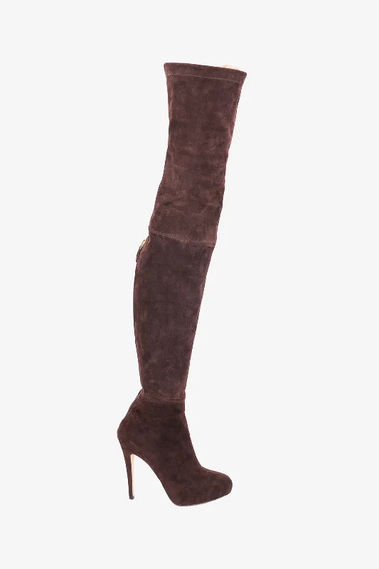 women’s cozy shoes for indoor wear -Brian Atwood Brown Suede Over the Knee Boots Size 37.5