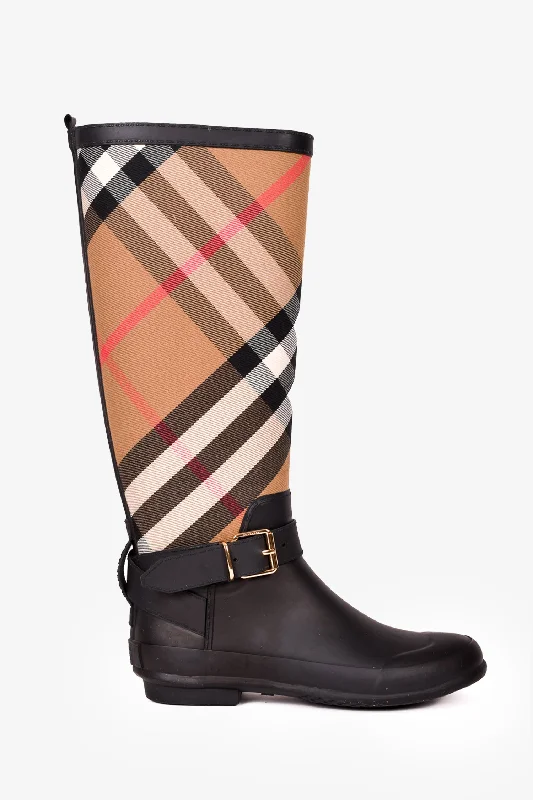 elegant mules for women’s office style -Burberry Black/Brown Rubber Tartan Rubber Boots Size 36