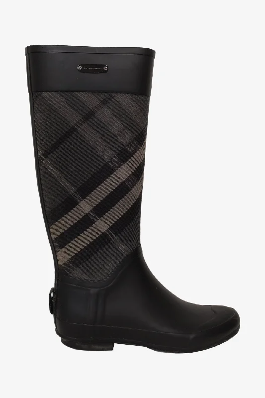 women’s sleek flats for office style -Burberry Black Super Nova Check Pattern Rubber Rain Boots Size 37