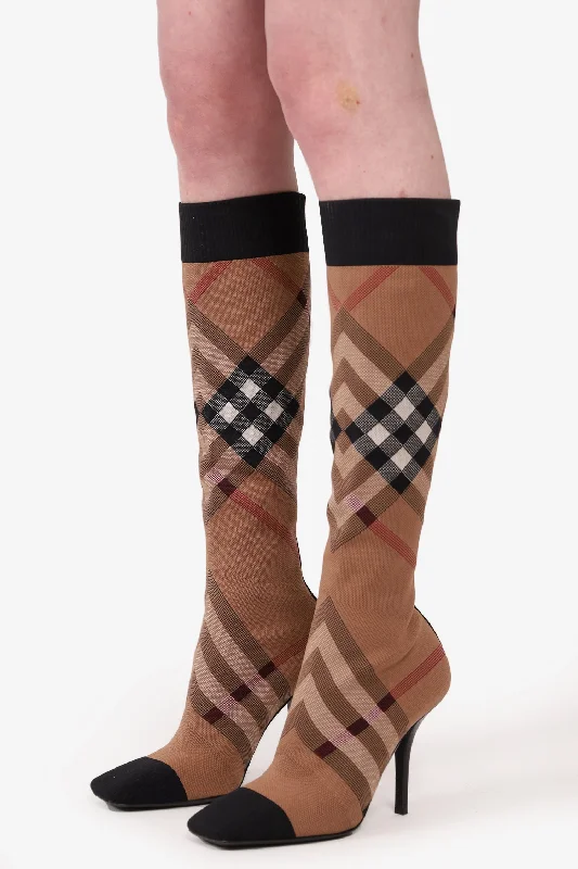 women’s casual sneakers for street wear -Burberry Brown Check Knitted Sock Boots Size 39