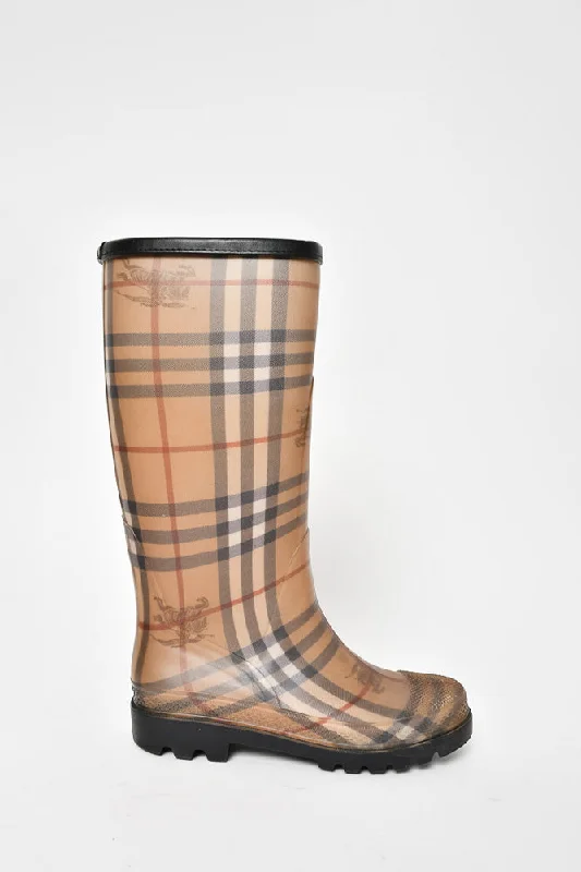 trendy shoes for women’s summer adventures -Burberry Brown Check Rubber Rain Boots Size 36