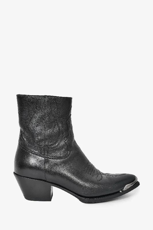 women’s leather boots for winter style -Celine Black Leather Western Ankle Boots Size 38