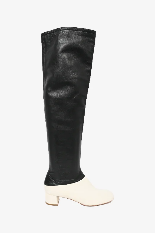 women’s elegant heels for formal events -Celine Black/White Leather Knee High Boots Size 36