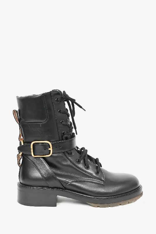 stylish shoes for women’s street fashion -Chloe Black Leather Gold Buckled Combat Boots Size 40