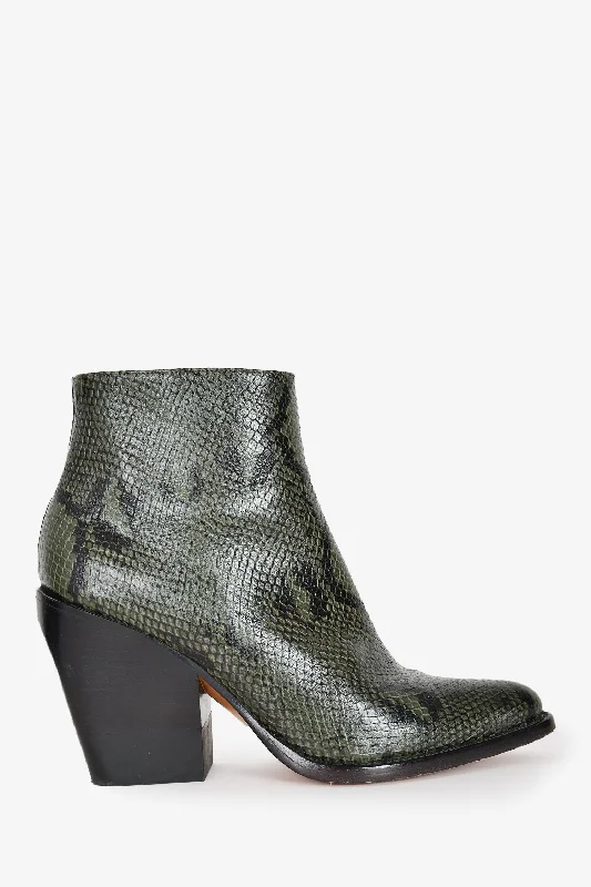 fashionable boots for women’s fall outfits -Chloe Green/Black Snakeskin Leather Heeled Boots Size 38.5