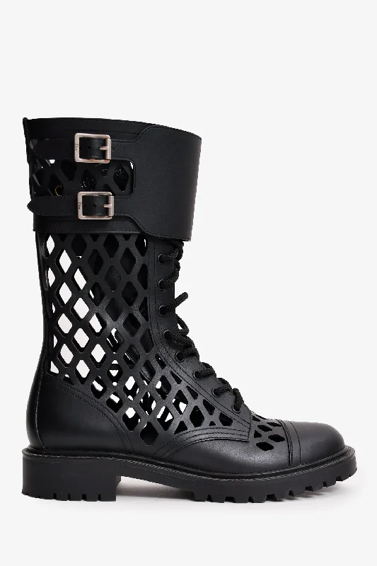 chic shoes for women’s cocktail parties -Christian Dior Black Leather D-Trap Laser Cutout Boots Size 40