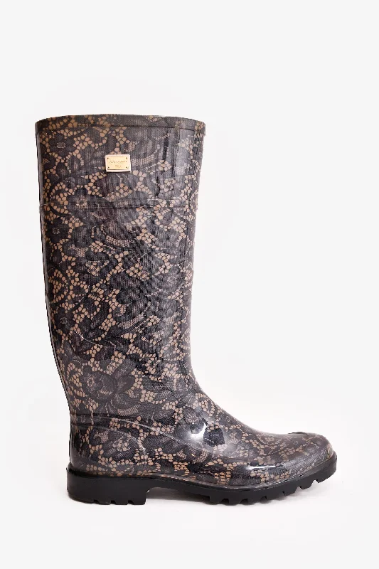 women’s stylish sneakers for streetwear -Dolce & Gabbana Black/Beige Lace Rubber Boots Size 38 (As Is)