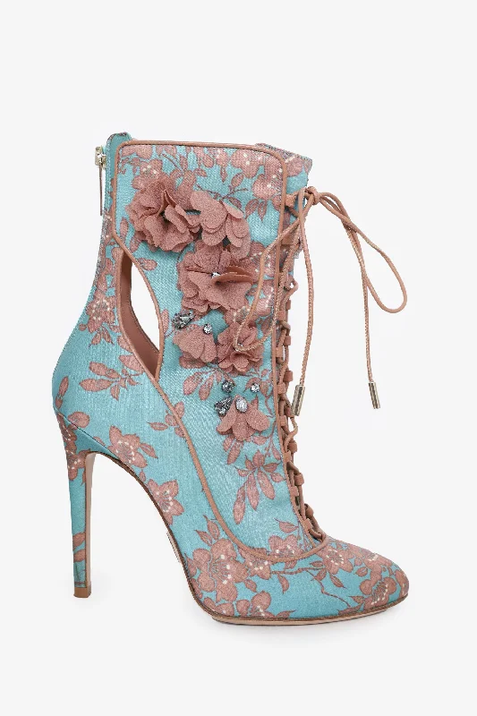 women’s trendy boots for spring fashion -Elisabetta Franchi F/W 17 Blue/Mauve Floral Applique Heeled Boots Size 38