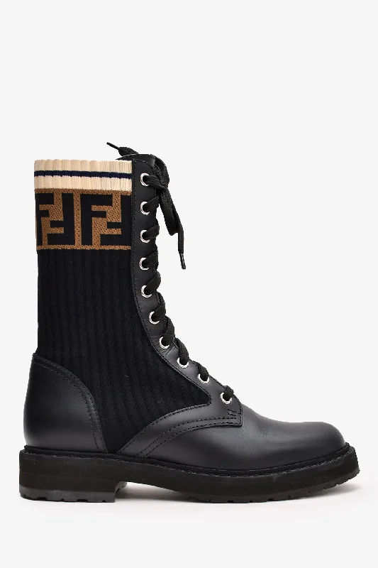 trendy mules for women’s casual outfits -Fendi Black Leather Zucca Stretch Knit Combat Boots Size 35