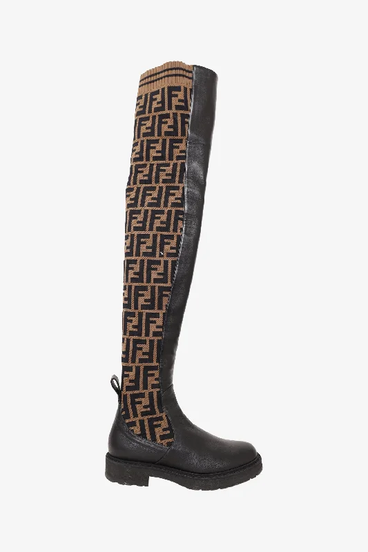 casual sneakers for women’s street style -Fendi Brown Zucca Print Stretch Knit Thigh High Boots Size 35